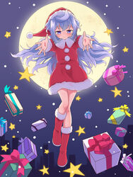  1boy bad_id bad_pixiv_id blue_hair blush boots box christmas commentary_request full_moon gift gift_box hacka_doll hacka_doll_3 hat long_hair male_focus moon otoko_no_ko pimgier purple_eyes red_footwear red_hat santa_boots santa_costume santa_hat smile solo star_(symbol) 