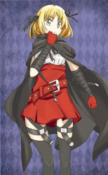  &gt;:( adjusting_clothes argyle_background bandaged_arm bandages belt black_thighhighs blonde_hair cloak colored_eyelashes commentary_request estelle_rosenthal female frown garter_straps gloves green_eyes hair_ribbon high-waist_skirt looking_at_viewer loose_belt mole mole_under_eye parted_bangs pleated_skirt red_gloves red_skirt ribbon skirt solo standing thighhighs toaru_kagaku_no_accelerator toaru_majutsu_no_index v-shaped_eyebrows yakutashi zettai_ryouiki 