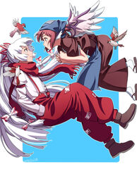  2girls animal_ears apron bad_id bad_pixiv_id baggy_pants bird bird_ears bird_wings blue_apron blush brown_footwear brown_kimono dated eurasian_tree_sparrow floating from_side fujiwara_no_mokou full_body hair_ribbon hand_in_pocket head_scarf high_ponytail highres hime_cut japanese_clothes kimono kurohane long_hair looking_at_another multiple_girls mystia_lorelei night_sparrow_love obi okamisty pants pink_hair profile red_pants ribbon sandals sash scarf shoes short_hair sparrow tabi tasuki touhou tress_ribbon very_long_hair waist_apron white_hair wings yukata 