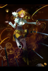  beret blonde_hair boots breasts brown_thighhighs commentary_request detached_sleeves drill_hair fate/stay_night fate_(series) female fingerless_gloves foreshortening gate_of_babylon_(fate) gloves gun hair_ornament hairpin hat highres large_breasts letterboxed magic_circle magical_girl magical_musket mahou_shoujo_madoka_magica mahou_shoujo_madoka_magica_(anime) perspective pleated_skirt puffy_sleeves ribbon rifle skirt solo soul_gem striped_clothes striped_thighhighs terric thighhighs tomoe_mami tomoe_mami_(magical_girl) twin_drills twintails vertical-striped_clothes vertical-striped_thighhighs weapon yellow_eyes zettai_ryouiki 