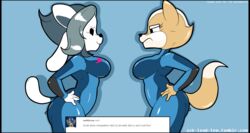  anthro black_border blue_background border breasts canid canine cosplay crossover crossover_cosplay digital_media_(artwork) dongitos duo english_text eye_contact felid female fox fox_mccloud frown fur hands_on_hips looking_at_another mammal metroid mtf_crossgender nintendo question_mark rule_63 screencap simple_background smile star_fox tem temmie_(undertale) text undertale undertale_(series) white_body white_fur wide_hips zero_suit zerosuit_fox 