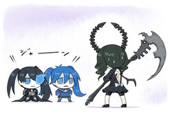  3girls black_rock_shooter black_rock_shooter_(character) blue_eyes blue_hair chibi commentary_request dead_master eno_(abekawa_hikozaemon_x) imaichi_moenai_ko kobe_shinbun long_hair multiple_girls scythe twintails 