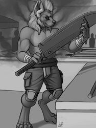  3:4 anthro bandage biceps biped bottomwear clothed clothing convincing_weapon digital_media_(artwork) felid fur greyscale hair hi_res knee_pads ldr lion male mammal melee_weapon monochrome muscular muscular_anthro muscular_male pantherine pecs shorts solo standing sword topless weapon 