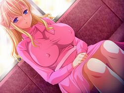  blonde_hair blue_eyes blush breasts character_request chikan_senyou_sharyou erect_nipples female frill game_cg huge_breasts indoors koizumi_amane sitting solo train train_interior 