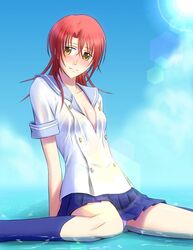  blue_skirt blue_socks bonnie_(rsg) breasts cleavage commentary_request day female hino_kahoko la_corda_d&#039;oro long_hair looking_at_viewer panties pantyshot pleated_skirt red_hair school_uniform sitting skirt sky small_breasts socks solo underwear water white_panties yellow_eyes 