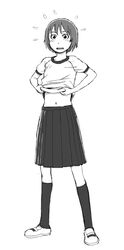  blush commentary_request dressing embarrassed female flying_sweatdrops greyscale gym_uniform looking_at_viewer monochrome naotan open_mouth original short_hair skirt socks solo 