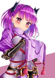  armor bad_id bad_pixiv_id blush commentary_request cosplay fate/grand_order fate_(series) female hair_ornament hands_on_own_chest helena_blavatsky_(fate) highres looking_at_viewer minamoto_no_raikou_(fate) minamoto_no_raikou_(fate)_(cosplay) purple_eyes purple_hair rope short_hair smile solo tomojo 