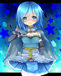  bad_id bad_pixiv_id blue_eyes blue_hair blush cape female gloves looking_at_viewer magical_girl mahou_shoujo_madoka_magica mahou_shoujo_madoka_magica_(anime) meronpanna_(mikoniito) miki_sayaka miki_sayaka_(magical_girl) short_hair skirt smile solo strapless 