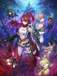  2girls alushe_anatolia back-to-back green_eyes hairband heterochromia highres liliana_sailfin looking_at_viewer multiple_girls navel official_art ponytail purple_eyes purple_hair red_hair short_hair weapon yoru_no_nai_kuni yoru_no_nai_kuni_2 yoshiku_(oden-usagi) 