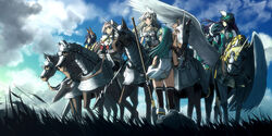  5girls animal_ears armor barding blonde_hair blue_eyes blue_hair brown_hair carrie_(sennen_sensou_aigis) commentary_request elaine_(sennen_sensou_aigis) green_hair horse horseback_riding liddy_(sennen_sensou_aigis) long_hair misha_(sennen_sensou_aigis) multiple_girls pegasus pegasus_knight_uniform_(fire_emblem) photoshop_(medium) riding sasayuki sennen_sensou_aigis short_hair tethys_(sennen_sensou_aigis) 