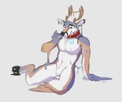  2016 5_fingers anthro antlers arm_support biped black_body black_nose blue_eyes brown_horn cloven_hooves countershade_torso countershading deer digital_media_(artwork) eyebrows featureless_crotch fingers front_view full-length_portrait gloves_(marking) goo_creature head_tuft hooves horn huffpup humanoid_hands jaiy male mammal markings melting multicolored_body naturally_censored nude portrait pose purple_body reclining signature simple_background snout solo tan_body tuft white_background white_body white_countershading 