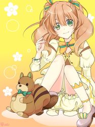  1boy commentary_request crossdressing dress full_body green_eyes hair_ribbon highres i-chu long_hair looking_at_viewer male_focus momochop0402 oikawa_momosuke otoko_no_ko ribbon ricky_(i-chu) smile solo stuffed_animal stuffed_squirrel stuffed_toy 