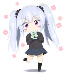  blush_stickers chibi commentary_request d-frag! female flower full_body goribote hair_ornament long_hair looking_at_viewer pleated_skirt purple_eyes sakai_tama school_uniform skirt solo standing standing_on_one_leg twintails white_hair 