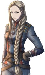  audrey_gassenarl braid brown_eyes brown_gloves brown_hair female gloves hand_on_own_hip long_hair military military_uniform mole mole_under_eye senjou_no_valkyria_(series) senjou_no_valkyria_2 solo transparent_background uniform watermark 