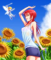  blue_skirt bonnie_(rsg) bra cloud commentary_request day fairy female flower hino_kahoko la_corda_d&#039;oro long_hair one_eye_closed open_mouth outdoors pink_bra red_hair see-through skirt sky sunflower twisted_torso underwear water wet wet_clothes yellow_eyes 