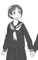  blush commentary_request embarrassed female flying_sweatdrops greyscale highres holding_hands looking_at_another monochrome naotan original school_uniform serafuku short_hair 