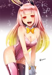  animal_ears artist_name borrowed_character chamochi commentary_request fate/grand_order fate_(series) female gloves leotard long_hair pink_hair pink_leotard pink_thighhighs playboy_bunny rabbit_ears red_eyes riyo_servant_(bunnygirl)_(fate) smile solo sparkle star_(symbol) thighhighs white_gloves 