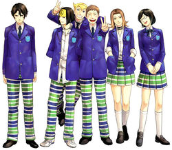  2girls 4boys akanezawa_reiko blazer blonde_hair blue_eyes brown_eyes brown_hair closed_eyes dress_shirt glasses grin hand_in_pocket hazama_ideo jacket karukozaka_high_school_uniform kuroi_shinji male_protagonist_(shin_megami_tensei:_if...) miyamoto_akira multiple_boys multiple_girls necktie open_mouth pants school_uniform shin_megami_tensei shin_megami_tensei:_if... shirakawa_yumi shirt skirt smile sweatband v 