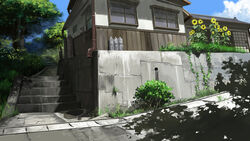  blue_sky cloud cloudy_sky commentary_request day derivative_work flower house landscape no_humans outdoors pajaman photoshop_(medium) scenery shadow sky sliding_doors stairs summer sunflower tree 