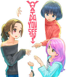  3girls black_sweater blending blue_eyes blue_hair blunt_bangs brown_hair commentary_request english_text fingernails grey_shirt himeshaga hood hood_down hoodie long_hair multiple_girls optical_illusion original pink_hair pointing ponytail red_eyes red_sweater sexually_suggestive shirt short_hair simple_background standing striped_clothes striped_shirt sweater sweater_vest white_background yellow_eyes 