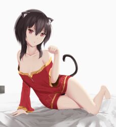  animal_ears arm_up bare_shoulders bed black_gloves black_hair breasts brown_hair cat_ears collarbone commentary dress eyepatch female gloves highres kono_subarashii_sekai_ni_shukufuku_wo! looking_at_viewer megumin mengo off-shoulder_dress off_shoulder panties paw_pose red_dress red_eyes romaji_commentary short_hair short_hair_with_long_locks sidelocks sitting small_breasts solo tail underwear underwear_only unworn_eyepatch unworn_headgear white_background 