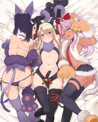  3girls ;d animal_ears animal_hands armpits arms_up ass back bell between_legs bikini black_bikini black_gloves black_hair black_thighhighs blonde_hair blush bow breasts cat_ears chloe_von_einzbern chloe_von_einzbern_(beast_style) collar commentary_request dark-skinned_female dark_skin elbow_gloves fate/kaleid_liner_prisma_illya fate_(series) fur_trim girl_sandwich gloves hair_bell hair_between_eyes hair_ornament hair_ribbon hairbow highres illyasviel_von_einzbern illyasviel_von_einzbern_(beast_style) jingle_bell long_hair looking_at_viewer looking_back lying miniskirt miyu_edelfelt miyu_edelfelt_(beast_style) multiple_girls navel oerba_yun_fang official_alternate_costume on_back one_eye_closed open_mouth paw_gloves paw_shoes ponytail red_eyes ribbon sandwiched shoes short_hair skirt small_breasts smile stomach swimsuit tail tail_bell tail_between_legs tail_ornament tail_ribbon tattoo thighhighs tokopi twintails yellow_eyes 