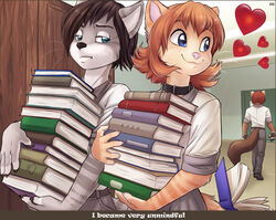  anthro blue_eyes book brown_hair carrying_another clothed clothing collar digital_media_(artwork) distracted domestic_cat duo_focus edgar_(iskra) english_text felid feline felis female group hair heart_symbol holding_book holding_object iskra konrad_zengel looking_back male mammal orange_hair pawpads pink_nose school school_uniform shaded stack student tabby_cat text uniform vera_(iskra) whiskers 