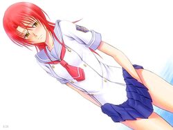  blue_skirt bonnie_(rsg) commentary_request female hino_kahoko la_corda_d&#039;oro long_hair pleated_skirt red_hair school_uniform skirt solo white_background yellow_eyes 