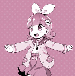  :d blush collared_shirt comiket_88 commentary_request cowboy_shot female flower hair_flower hair_ornament hair_ribbon high-waist_skirt jacket jewelpet_(series) jewelpet_magical_change jewelry long_hair long_sleeves looking_away monochrome open_clothes open_jacket open_mouth outstretched_arms pendant polka_dot polka_dot_background ribbon ruby_(jewelpet) sakurabe_notos sepia shirt skirt smile solo tareme walking 