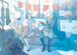  2boys axis_powers_hetalia bad_id bad_pixiv_id bag baguette baozi bench black_footwear black_gloves black_hair black_pants blonde_hair blue_theme boots box bread can china_(hetalia) chinese_clothes clothes_pin day drink drink_can flag flats food gloves green_pants highres holding holding_can holding_food hose jacket jacket_on_shoulders knee_boots lantern laundry leg_wrap long_sleeves looking_at_hand military military_uniform multiple_boys outdoors outstretched_hand pants paper_bag paper_lantern plaid plaid_scarf plant pocket_(fukuroko) potted_plant sash scarf shinatty-chan sitting sleeves_rolled_up smile socks soda_can stuffed_toy tangzhuang throwing tile_floor tiles toasting_(gesture) uniform united_kingdom_(hetalia) window 