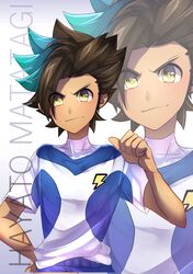  1boy absurdres aqua_hair bad_id bad_pixiv_id brown_hair character_name earth_eleven highres inazuma_eleven_(series) inazuma_eleven_go inazuma_eleven_go_galaxy lightning_bolt_symbol maianh male_focus matatagi_hayato multicolored_hair soccer_uniform solo sportswear two-tone_hair zoom_layer 