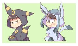  2boys :d animal_costume bad_id bad_pixiv_id black_eyes black_hair blunt_bangs brothers chibi closed_mouth cosplay eyebrows full_body glaceon glaceon_(cosplay) green_background half-closed_eyes koineko_(aph0310) looking_at_viewer male_focus matsuno_ichimatsu matsuno_karamatsu multiple_boys open_mouth osomatsu-kun osomatsu-san osomatsu_(series) pokemon pokemon_ears pokemon_tail siblings simple_background sitting smile tail umbreon umbreon_(cosplay) wariza 