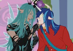  1boy aqua_hair blue_hair chrysalis_(my_little_pony) commentary crown dark_skin female glowing glowing_eyes grabbing_another&#039;s_chin hand_on_another&#039;s_chin horns long_hair my_little_pony my_little_pony:_friendship_is_magic otani_(gloria) personification pointy_ears shining_armor single_horn torn_clothes uniform wings 