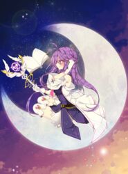  aether_sage_(elsword) aisha_landar blanket_(kkbjah) book coat commentary_request crescent_moon dress elsword female from_side gloves half_updo highres holding holding_staff layered_dress long_hair moon off_shoulder on_crescent profile purple_dress purple_eyes purple_hair sitting skirt sky smile solo staff star_(sky) starry_sky thighhighs white_coat white_gloves white_skirt white_thighhighs zettai_ryouiki 