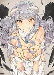  albedo_(overlord) albedo_(overlord)_(cosplay) bare_shoulders black_wings blush breasts cleavage clothing_cutout commentary_request cosplay demon_horns demon_wings dress feathers female gloves grey_background grey_hair grin hair_intakes hara_yumi highres hip_vent horns idolmaster idolmaster_(classic) large_breasts leaning_forward long_hair looking_at_viewer overlord_(maruyama) parted_lips shijou_takane side_cutout smile solo teeth tuxedo_de_cat voice_actor_connection white_dress white_gloves wings yellow_eyes 