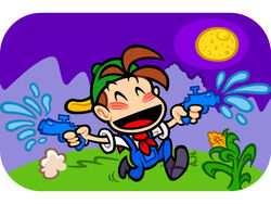  1boy cap farmer happy harvest_moon hat pete_(harvest_moon) water_gun 