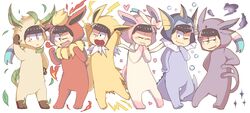  6+boys :&lt; ;3 ;d ^_^ animal_costume arms_up bad_id bad_pixiv_id black_eyes black_hair blunt_bangs blush brothers bubble chibi closed_eyes closed_mouth cosplay electricity espeon espeon_(cosplay) eyebrows fire flareon flareon_(cosplay) forked_tail full_body half-closed_eyes hand_on_own_hip heart heart_in_mouth highres jolteon jolteon_(cosplay) koineko_(aph0310) leaf leafeon leafeon_(cosplay) legs_apart lineup looking_at_viewer male_focus matsuno_choromatsu matsuno_ichimatsu matsuno_jyushimatsu matsuno_karamatsu matsuno_osomatsu matsuno_todomatsu multiple_boys oerba_yun_fang one_eye_closed open_mouth osomatsu-kun osomatsu-san osomatsu_(series) pokemon sextuplets siblings simple_background smile smoke sparkle standing star_(symbol) sylveon sylveon_(cosplay) tail vaporeon vaporeon_(cosplay) white_background 