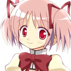  bad_id bad_pixiv_id blush female hair_ribbon hinata_mirun kaname_madoka mahou_shoujo_madoka_magica mahou_shoujo_madoka_magica_(anime) mitakihara_school_uniform pink_eyes pink_hair ribbon school_uniform short_hair short_twintails smile solo twintails 