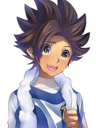  1boy bad_id bad_pixiv_id brown_hair earth_eleven inazuma_eleven_(series) inazuma_eleven_go inazuma_eleven_go_galaxy maianh male_focus matatagi_hayato simple_background soccer_uniform solo sportswear sweat towel upper_body white_background 