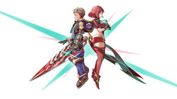  1boy bardosui black_hair bodysuit breasts brown_hair crotchless_pants female fingerless_gloves gloves hair_ornament highres homura_(xenoblade_2) red_eyes red_hair rex_(xenoblade_2) short_hair simple_background smile sword weapon xenoblade xenoblade_2 