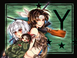  2girls angel_(team_yukkuri) bandana bow brown_eyes brown_hair commentary_request crop_top fallout_(series) fallout_3 gun hair_ribbon hairbow military military_uniform multiple_girls multiple_persona red_eyes ribbon rifle short_twintails team_yukkuri tobi_(discharge_cycle) touhou twintails uniform weapon white_hair yukkuri_reimu_(team_yukkuri) yukkuri_shiteitte_ne 