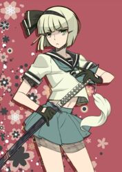  :&lt; alternate_costume black_gloves black_hairband commentary_request date_naoto female gloves green_eyes hairband konpaku_youmu navel scabbard school_uniform sheath sheathed short_hair solo sword touhou weapon 