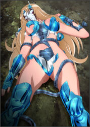  aquila_yuna armor blonde_hair breasts broken_armor chameleon_june cosplay defeated female highres legs long_hair lying mask nail_polish navel no_panties saint_seiya saint_seiya_omega solo whip yadokari_genpachirou 