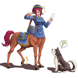  blue_eyes blush canine centaur commentary_request female freckles gammatelier glasses letter mailman monster_girl original photoshop_(medium) pointy_ears red_hair saddlebags short_hair taur uniform 