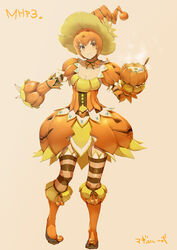  bad_id bad_pixiv_id bubble_skirt female food food-themed_clothes hat jack-o&#039;-lantern monster_hunter_(character) monster_hunter_(series) monster_hunter_portable_3rd mosgharl_(armor) orange_skirt pumpkin skirt smile solo soup striped_clothes striped_thighhighs thighhighs tsujisaki_(coa3) witch_hat yellow_eyes 