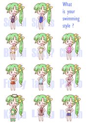  absurdres bikini chibi commentary_request competition_swimsuit costume_chart denim denim_shorts english_text female frilled_bikini frills green_eyes green_hair highres kappa_costume long_hair multiple_views one-piece_swimsuit one_eye_closed original purple_sarong sakaguchi_misaki sarong school_swimsuit shorts side_ponytail swimsuit tank_top variations 