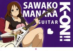  absurdres breasts casual character_name cleavage coin comiket_79 copyright_name crossed_legs electric_guitar feathers female gibson_brands_inc gibson_flying_v glasses guitar highres instrument k-on! large_breasts legs official_art scan sitting smile solo thighs yamada_naoko yamanaka_sawako 