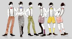  6+boys :3 ;) alternate_costume bad_id bad_twitter_id black_hair bow bowtie brothers crossed_arms grey_background hand_on_own_hip heart heart_in_mouth locked_arms looking_at_viewer male_focus matsuno_choromatsu matsuno_ichimatsu matsuno_jyushimatsu matsuno_karamatsu matsuno_osomatsu matsuno_todomatsu moneko multiple_boys one_eye_closed osomatsu-kun osomatsu-san osomatsu_(series) pants pink_shorts plaid plaid_pants plaid_shorts purple_legwear sextuplets shorts siblings simple_background sleeves_past_wrists slouching smile socks striped_clothes striped_socks suspender_shorts suspenders swept_bangs twitter_username 