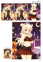  absurdres belt black_hairband blonde_hair bra-ban! breasts cleavage cowboy_shot crop_top demon_horns demon_tail dress fake_horns female hairband halloween halloween_costume hat hibarigaoka_yuki highres horns large_breasts long_hair looking_at_viewer looking_down midriff mole mole_under_eye moon multiple_views muririn navel off_shoulder orange_ribbon outstretched_arm pleated_skirt red_skirt ribbon skirt star_(symbol) striped_sleeves tail variations witch_hat yuzu-soft 