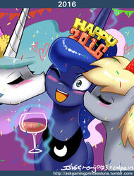  2016 alicorn blonde_hair blue_eyes blue_hair closed_eyes collar cosmic_hair derpy_hooves digital_media_(artwork) equid equine ethereal_hair feathered_wings feathers female feral friendship_is_magic group group_kissing hair hasbro heart_symbol holidays horn john_joseco kissing kissing_cheek levitation magic mammal multicolored_hair my_little_pony mythological_creature mythological_equine mythology new_year one_eye_closed open_mouth open_smile pegasus princess_celestia_(mlp) princess_luna_(mlp) pseudo_hair shaded simple_background smile wings 